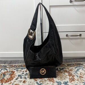 Michael Kors Black Snakeskin-Embossed Shoulder Hobo with Matching Wallet